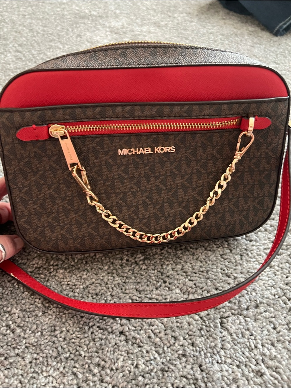 Michael Kors Brown Monogram Crossbody with Red Trim and Gold Chain